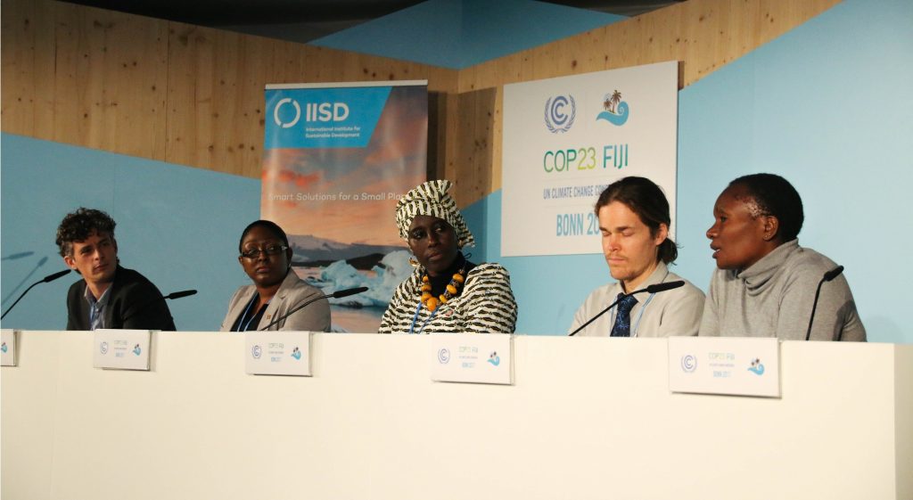 Panelists a a side event on gender equality and climate change action co-hosted by the Government of Grenada and the International Institute for Sustainable Development at COP23.