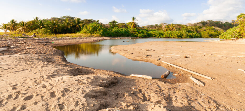 Photographie d'une embouchure de rivière asséchée au Costa Rica (Pavones), près de la frontière du Panama.