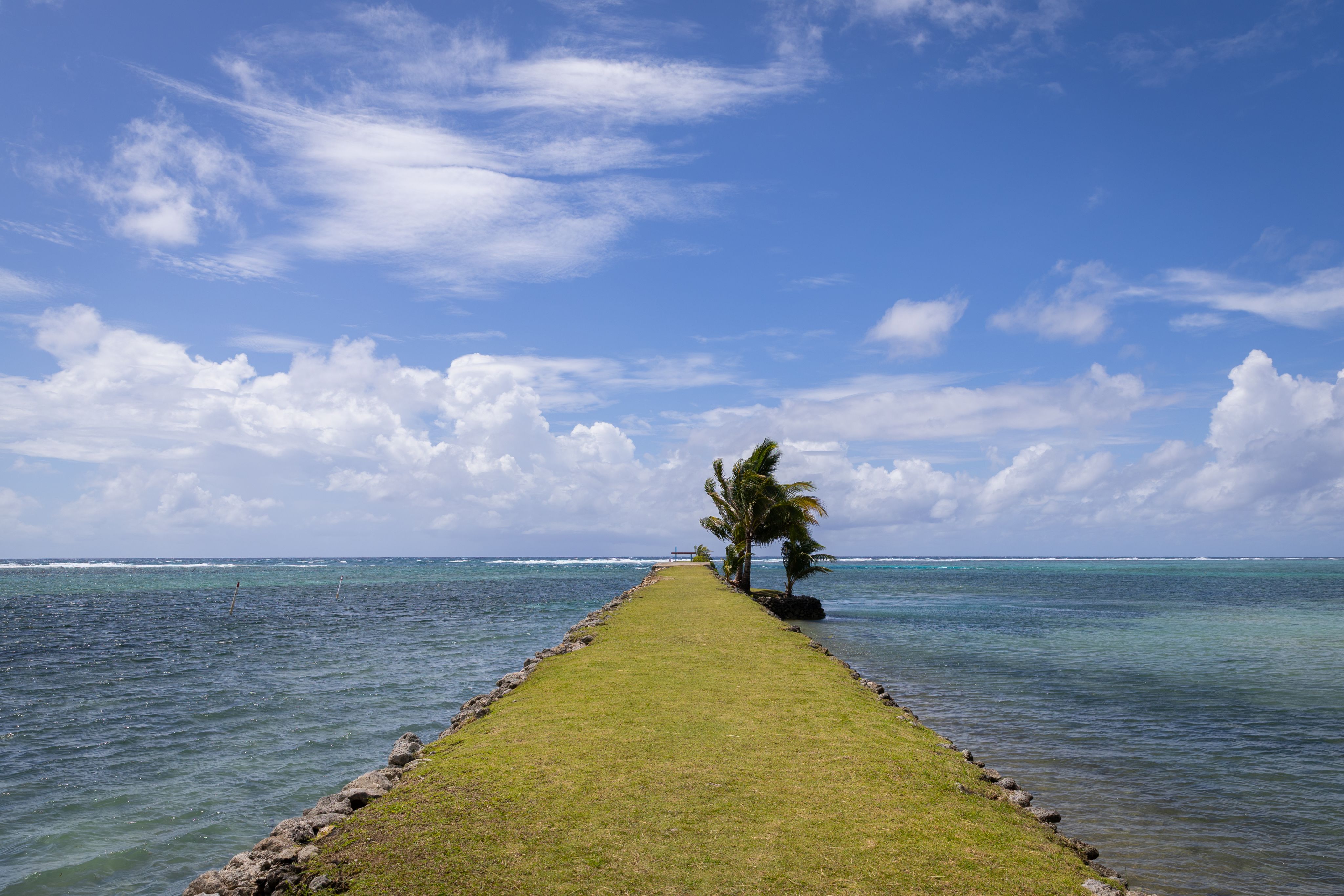 A narrow grassy path lined with rocks stretches into the ocean under a blue sky with scattered clouds and a few palm trees along the way.