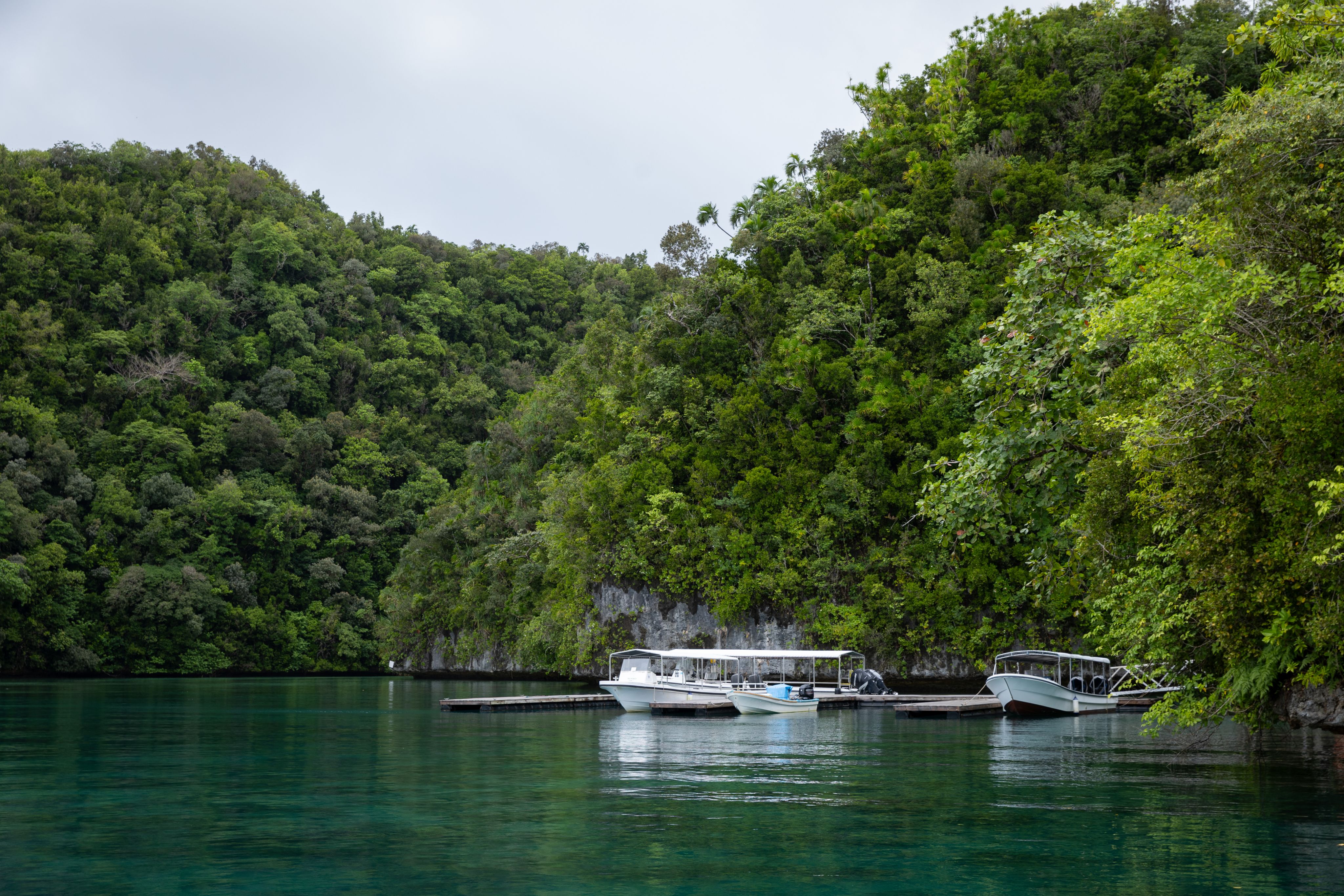Three boats docked near a tall green island.