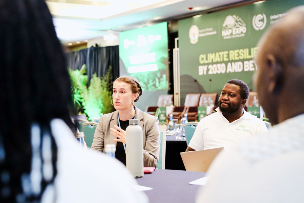 A woman in a grey blazer speaks during a round-table discussion at NAP Expo 2030. A man in a white polo shirt looks on, with a green backdrop reading 'Climate Resilience by 2030 and Beyond' visible in the background.